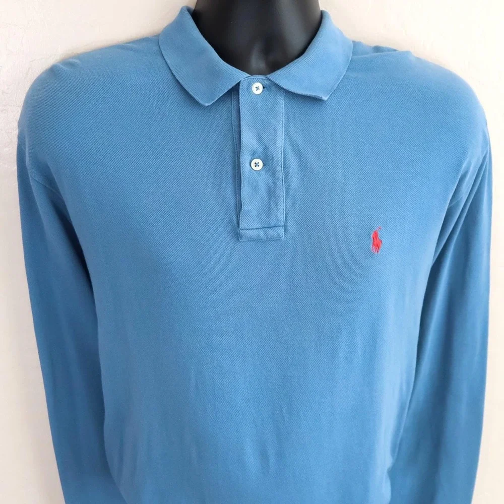 Vintage Polo Ralph Lauren Long Sleeve Polo Shirt Men L Blue Classic Pony Y2K